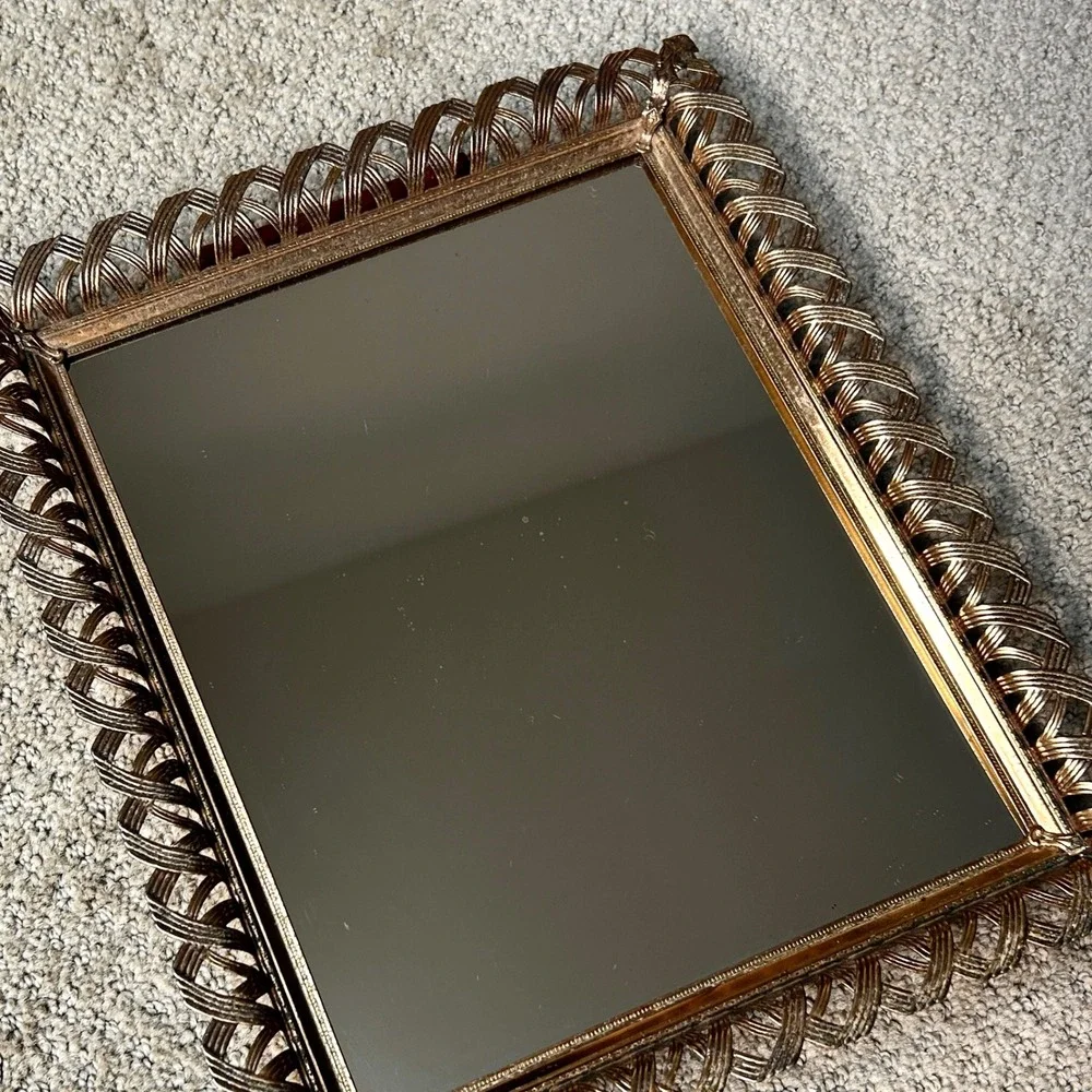 Vintage Brass Ornate Vanity Mirror Easel Back Tabletop Hollywood Regency 11.5
